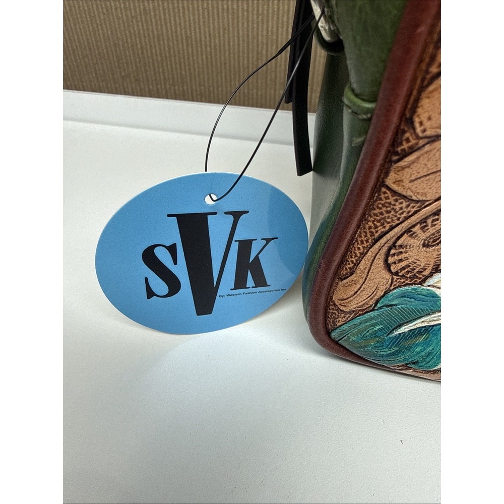 SVK Western Crossbody Embossed Leather Brown Green Blue Feather Accent - Picture 2 of 8